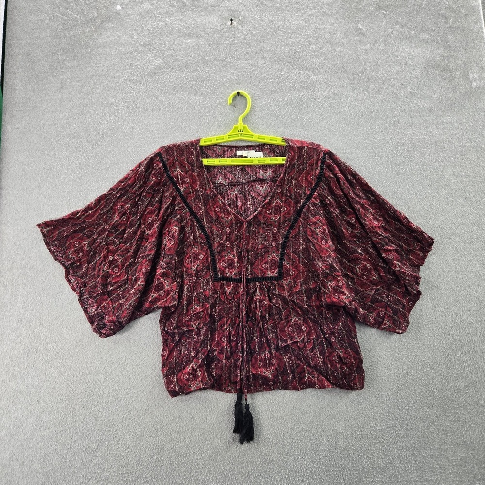 Maurices Women Blouse L Red Paisley Tassel Metallic Thread V-Neck Tie Kimono